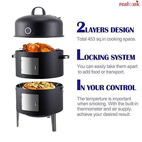 Realcook 17 Inch Steel Charcoal Smoker - Classic Vertical BBQ Grill