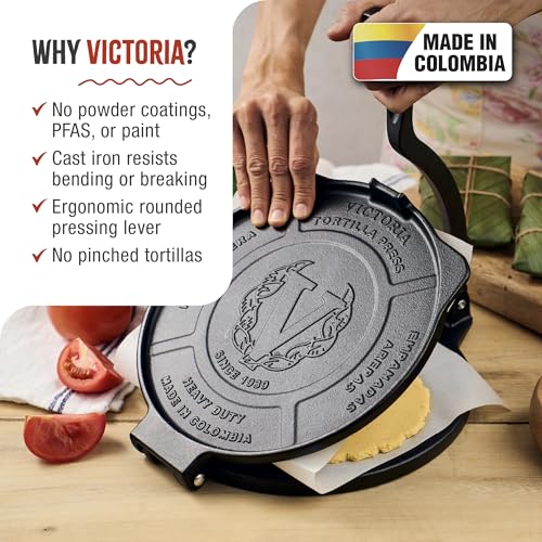 Victoria Cast Iron Tortilla Press - 10 Inch HD Spherrous Iron, Seasoned with Flaxseed Oil
