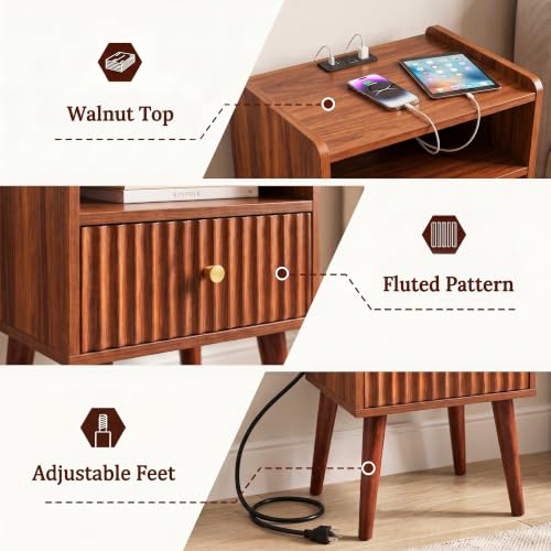 Nightstand with Charging Station - Walnut, 15.7" D x 11.8" W, Brown Variation