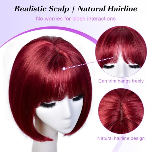 Red Short Bob Wig with Bangs - 12 Inch Synthetic Wig for Women & Girls - CURLCRAZY