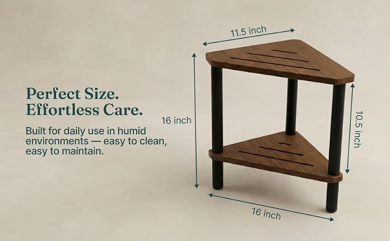 Corner Teak Shower Stool with Shelf - Waterproof Wooden Bathroom Seat
