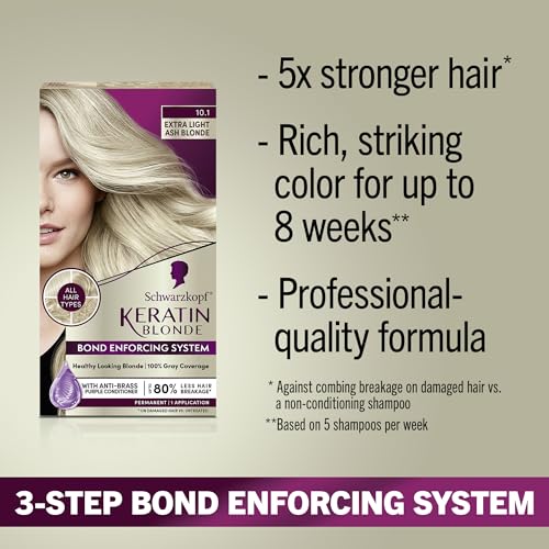 Schwarzkopf Keratin Color Permanent Hair Color, 10.1 Extra Light Ash Blonde, 1 Application-Salon Inspired Permanent Hair Dye, for up to 80% Less Breakage vs Untreated Hair and up to 100% Gray Coverage