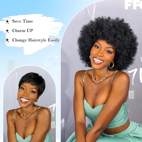 Black 6 Inch Afro Curly Wig for Women - Short Human Hair Wig with Bangs