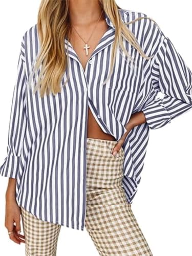 Large Navy Women's Striped Long Sleeve Button-Down Blouse Casual Top