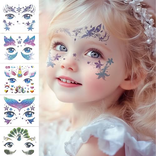 Konsait 10 Sheets Glitter Face Tattoos Animal Fake Tattoos for Girls Face Makeup Tattoo Mermaid Butterfly Temporary Face Tattoo Birthday Halloween Makeup Stickers Party Favors