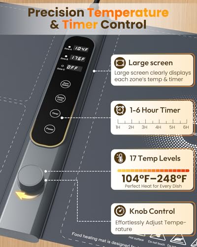 Large Food Warming Mat with 3-Zone Control, 40x17 Inches - Energy Saving