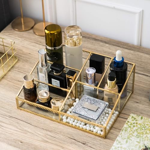 Gold Large Glass Makeup Organizer - 6 Compartments Vanity & Countertop Storage
