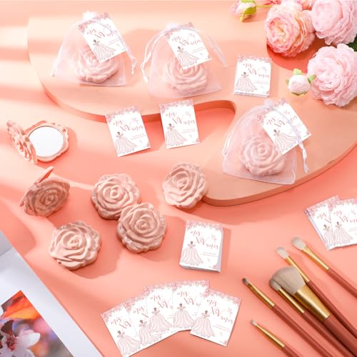 Wenqik 30 Sets Quinceanera Party Favors for Guests Rose Design Compact Pocket Mirrors Quinceanera Cards Thank You Gift and Organza Bags Birthday Party Favor (Champagne Pink)