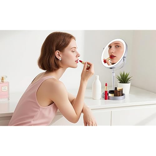 Rechargeable Adjustable-Height Makeup Mirror with 3 Color Lights,Touch Screen and Dimmable Settings,8'' Dual-Sided 1X/10X,360¡Æ Rotation Vanity Mirror with Jewelry Tray,Lighting Cosmetic Mirror