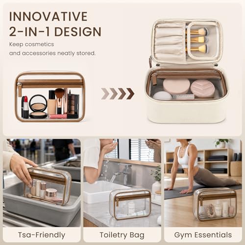 Prite 2-Piece Makeup Bag Set with Clear Toiletry Bag - Beige Travel Organizer