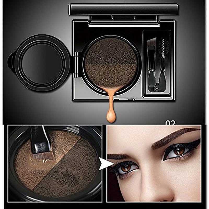 2 Colors Waterproof Air Cushion Eyebrow Cream Powder Makeup with Duo 2 End Eyebrow Brushes (Dark Brow Set)