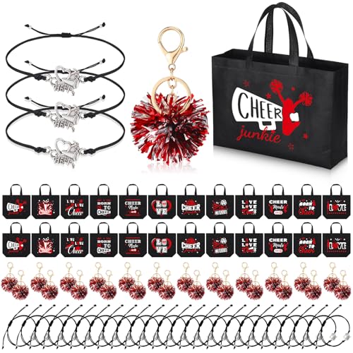 Landical Red Cheerleading Gifts Set with Bags Pompoms & Bracelets - 72 Pcs