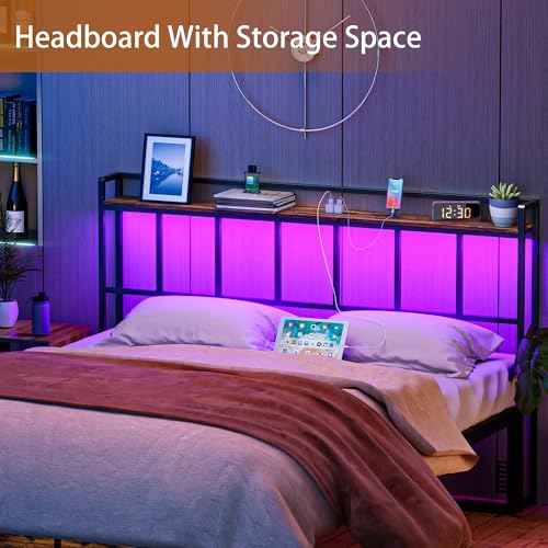 King Headboard with LED Lights and USB Outlets - Rustic Brown, Adjustable Height