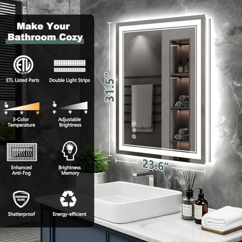 Wedhouc 24x32 Inch LED Bathroom Mirror with Lights, Dimmable, Anti-Fog, Wall Mount