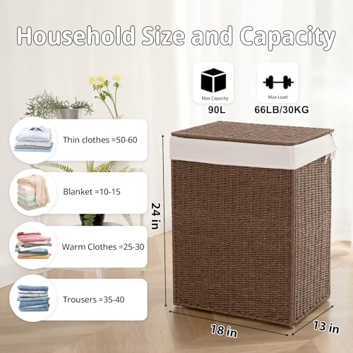Laundry Hamper with Lid - 90L Brown Handwoven Wicker Basket for Bedroom & Bathroom