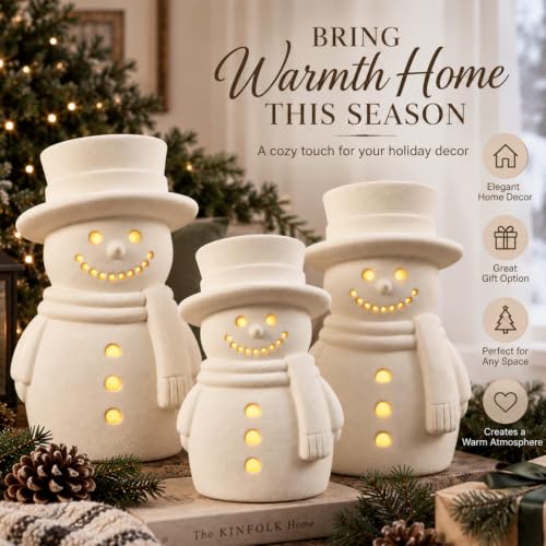 3-Piece Terracotta Snowman Christmas Decor with LED String Lights