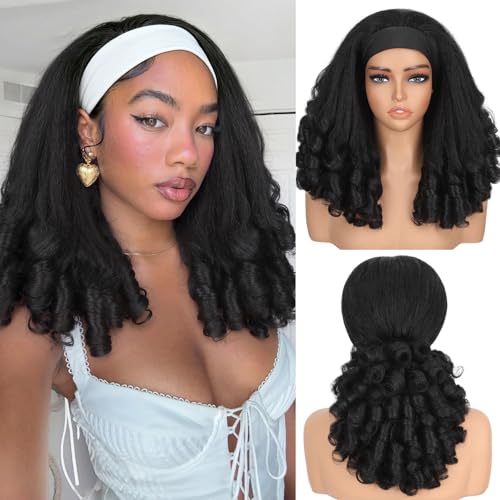 Yaki Curly Headband Wig for Black Women - 16 Inch Black, No Glue Needed