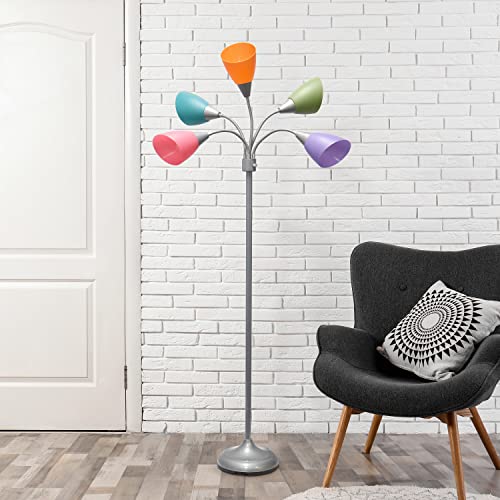 Simple Designs LF2006-SLM 67" Silver Multi-Head Medusa Floor Lamp with Colorful Shades for Kids & Living Room
