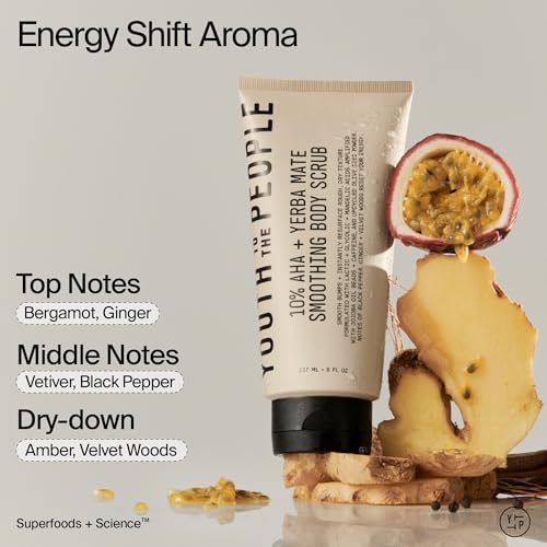 Youth To The People 10% AHA + Yerba Mate Smoothing Energy Body Scrub (8 fl oz), Exfoliates Rough Texture + Dry Skin, Suitable for Sensitive + Keratosis Pilaris Skin, Vegan