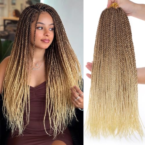 ZRQ 8 Pack Senegalese Twist Crochet Hair 18 Inch Ombre Blonde Pre Looped Synthetic Braids – Small Havana Twist for Women & Kids, 27/613#