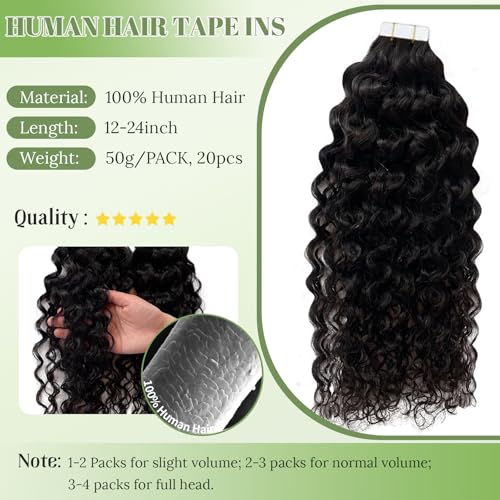 Black Water Wave Human Hair Extensions Tape Ins 18 Inch Seamless Curly 50g