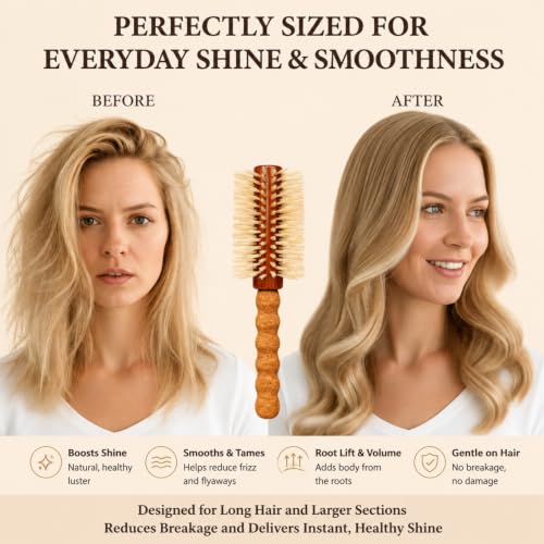 Boar Bristle Round Hair Brush for Blowouts - Large 2.8 Inch Barrel with Cleaner - Blonde Boar & Nylon Bristles - Smooth Blowout Variation of THIS listing