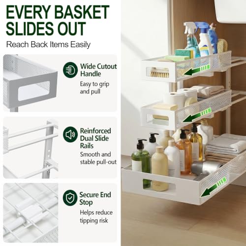 VYPIOAY 3-Tier Under Sink Organizer White 2 Pack - Pull Out Bathroom Cabinet Storage