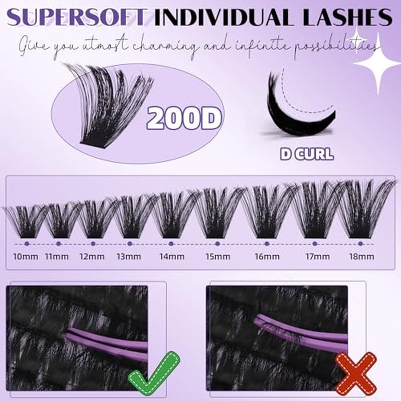 B&Q Fluffy Lash Clusters Thick 200D, Volume Eyelash Clusters 10-18mm, D Curl Cluster Eyelash Extensions, Supersoft Individual Lashes Wispy Cluster Lashes Dramatic Full Look Eyelash£¨200D£©