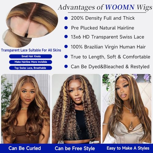 WOOMN 22 Inch 4/27 Ombre Virgin Human Hair Lace Front Wig 13x6 Highlight 200% Density