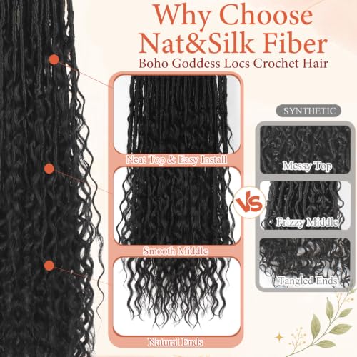 Vynoro 18 in 1 Boho Goddess Locs Crochet Hair Nat&Silk Fiber Pre-Looped 8 Bundles