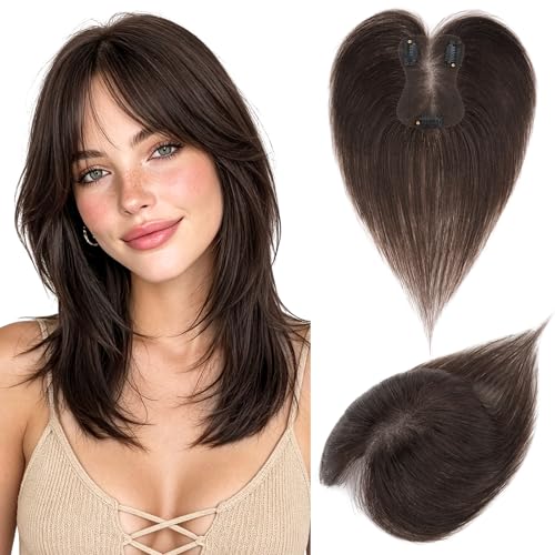 Dark Brown Human Hair Topper with Bangs - 11 Inch Clip-In Hairpiece for Thinning Hair, Side Bang Style