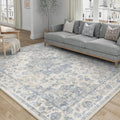 Blue & Neutral 6x9 Low Pile Area Rug - Vintage Floral Design, Machine Washable