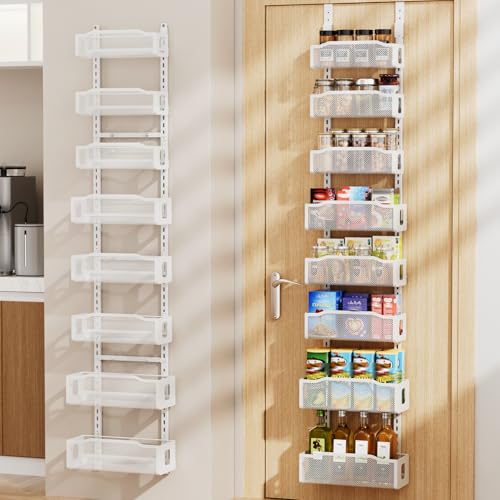 Delamu White 8-Tier Over-the-Door Pantry Organizer & Spice Rack, Adjustable Wall Mount Storage for Kitchen & Bathroom, 12 Inch