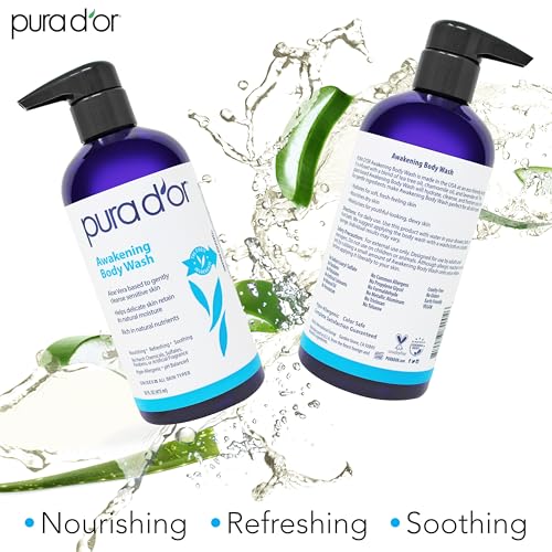PURA D'OR Refreshing Organic Body Wash 16oz - Pack of 3, Aloe Vera & Organic Oils