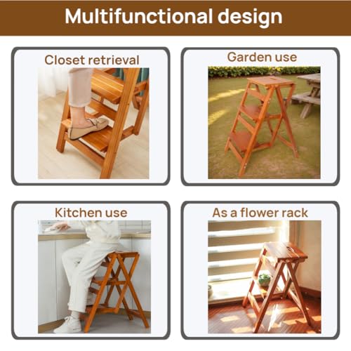 Brown 3-Step Folding Ladder Stool - Solid Pine Wood, Max 330 lb Capacity, Anti-Slip, Space-Saving Design for Home & Kitchen