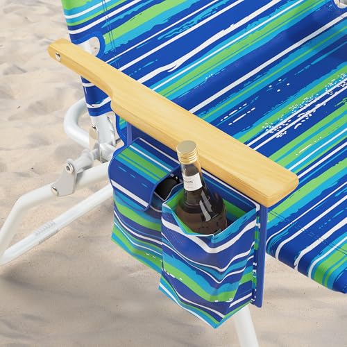 Tall Backpack Beach Chair with Wooden Armrests, 17" Seat Height, 5 Reclining Positions - Blue & Green Variation