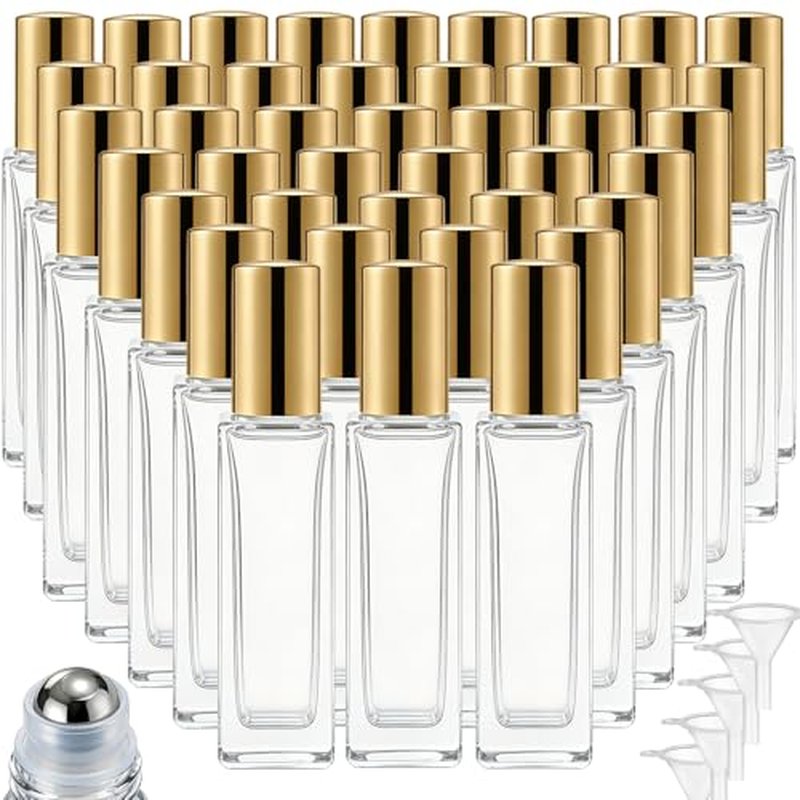 100 Pcs 10 ml Roller Bottles for Essential Oils, Square Thick Empty Glass Roller Bottles with Stainless Steel Roller Balls Protection Leakproof with 5 Funnel for Travel