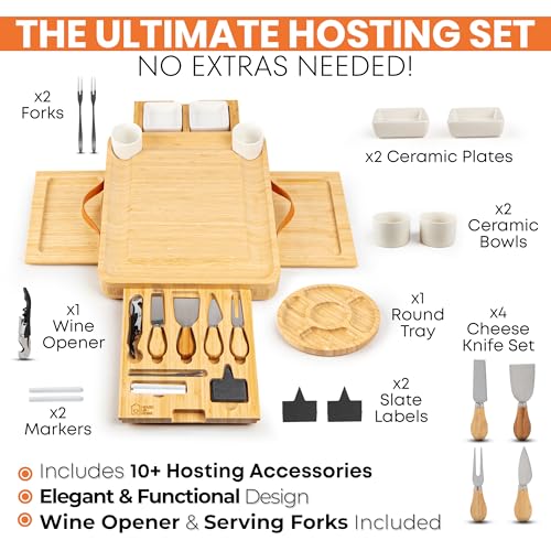 Bamboo Charcuterie Board Gift Set with Hidden Drawers & Knives - Housewarming & Wedding