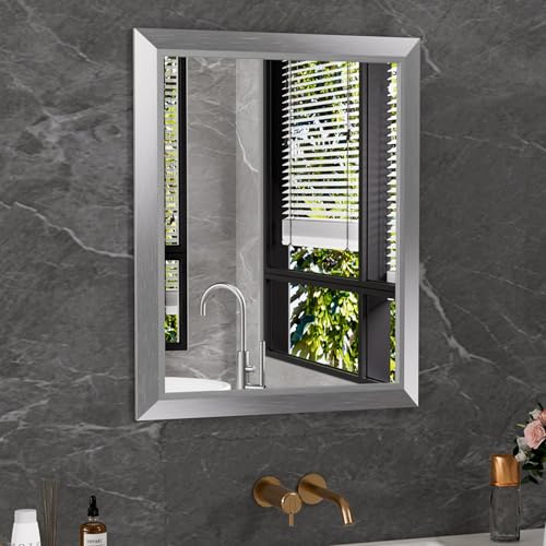 Amorho 24x30 Inch Silver Wall Mirror with Brushed Metal Frame - Bathroom & Home Decor