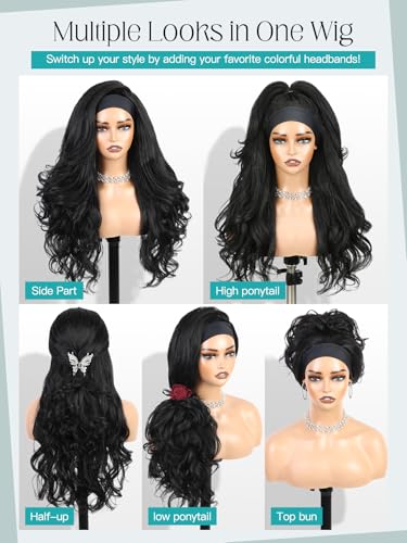 WIGNEE Black Long Yaki Curly Headband Wig for Black Women, Glueless, 26 Inch
