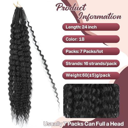 Deep Wave Crochet Hair 24 Inch 7 Packs Mermaid Box Braids for Black Women - Water Wave Synthetic Hair, Goddess Braid Style, Variations of 24 Inch (7 Packs) / 1B