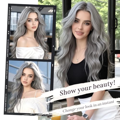 Grey 26 Inch Long Wavy Synthetic Lace Front Wig for Women - Natural Look, Pre-Plucked, Glueless, HD T-Part