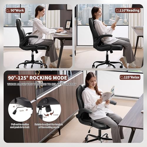 Leather Office Chair Swivel Lumbar Support Black - Short People Ergonomic Design