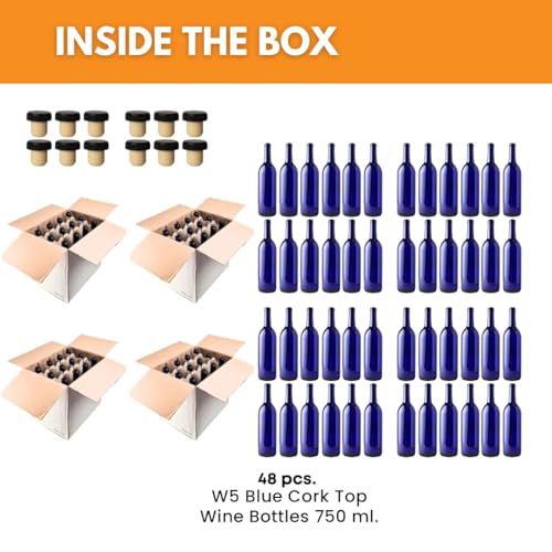 Blue 750ml Cobalt Wine Bottles with Corks - 48 Pack, Bordeaux Style - Variation of THIS listing