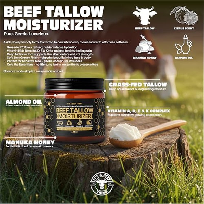 Beef Tallow for Skin ? Face & Body Balm to Strengthen Skin Barrier, Hydrating & Soothing with Grass-Fed Beef Tallow, Manuka Honey, Almond Oil & Light Citrus Scent (3.38oz)