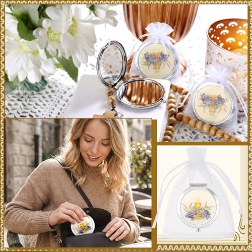 Yerliker 24 Pcs Baptism Favor Set, Compact Mirro Religious Baptism Gift for Guests 12 Pcs Mirror with Organza Bags Christening Holy Spirit Dove Primera Comunion Bautizo Recuerdos for Guests
