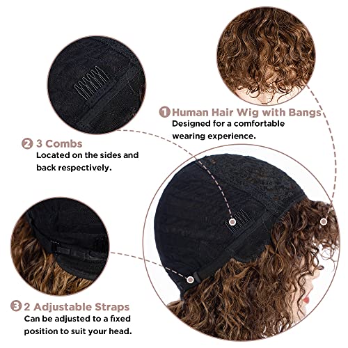 10 Inch Curly Human Hair Wig with Bangs for Black Women Brown & Gold