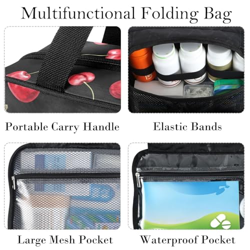 Large Travel Toiletry Bag for Women & Men, Hanging Organizer with Pockets, Black & Red Cherry