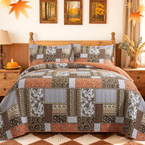 Dreamland Orange King Quilt Set 98x106in - 100% Cotton Farmhouse Bedspread