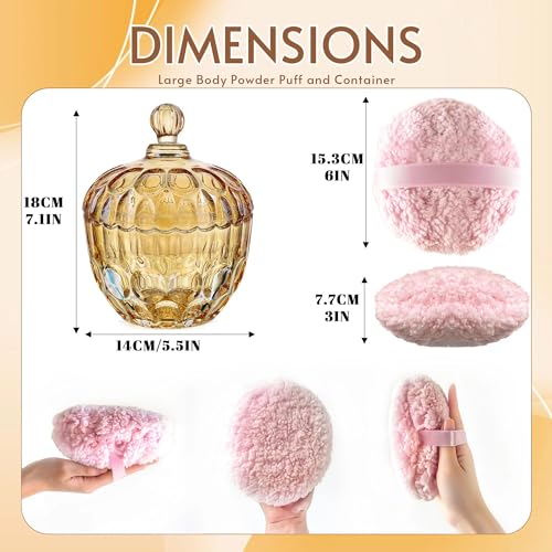 kanpura 2 Pcs Extra Large Body Powder Puff and Container Clear 6 Inch Body Powder Puff and Crystal Container for Baby Women Reusable, Washable, Wet and Dry Makeup (Amber)